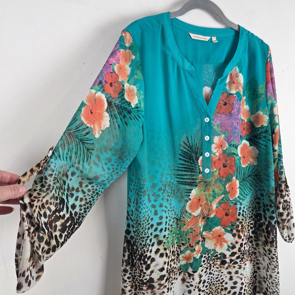Soft Surroundings Geovana Teal Floral Animal Print Sheer Roll Tab Sleeve Tunic M - Picture 3 of 9